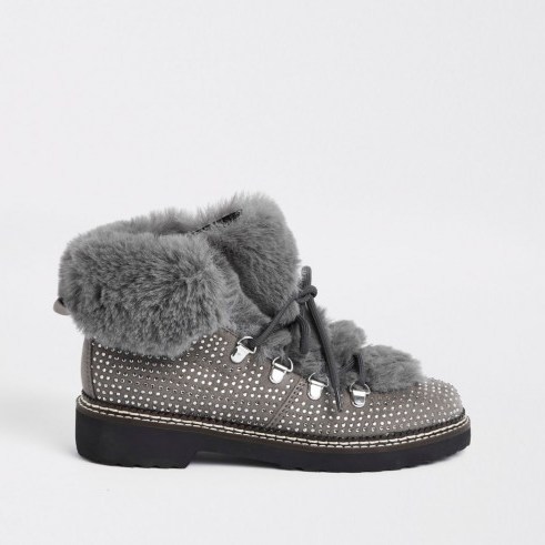 RIVER ISLAND Grey check faux fur tri boots – fluffy stud embellished boot - flipped