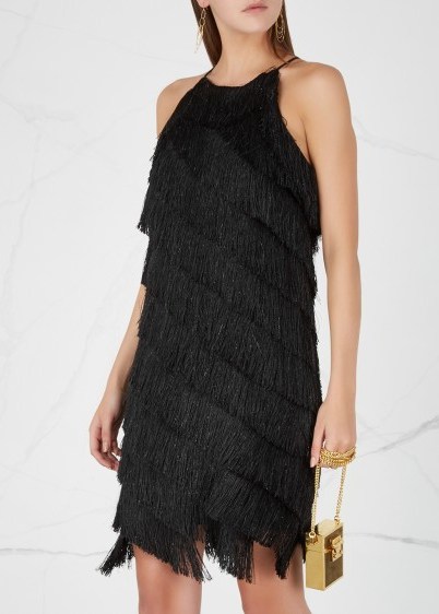 HALSTON HERITAGE Black fringed dress ~ glamorous lbd - flipped