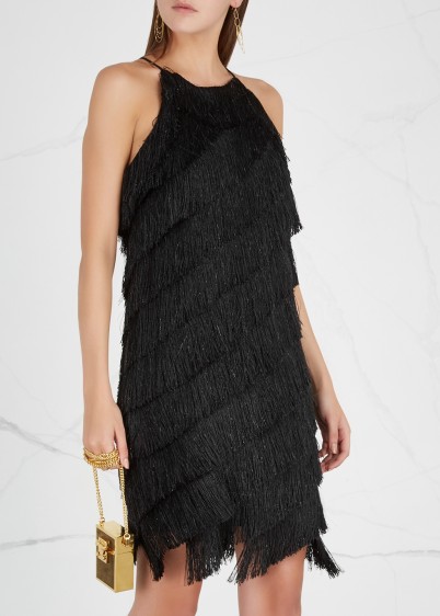 HALSTON HERITAGE Black fringed dress ~ glamorous lbd