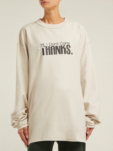 VETEMENTS Hi, I Don’t Care-print beige cotton sweatshirt ~ oversized slouchy slogan top