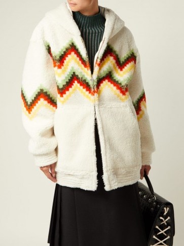 BURBERRY Hooded zigzag white shearling jacket | snugly oversized chevron patterned hoodie - flipped