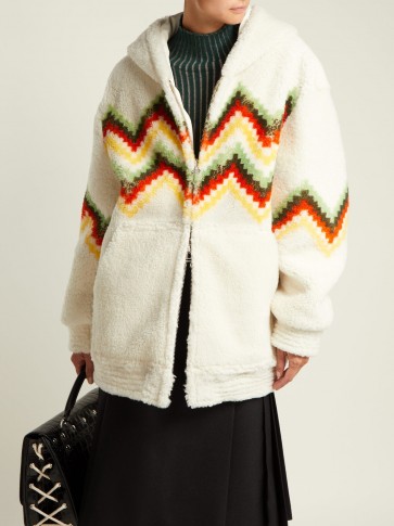 BURBERRY Hooded zigzag white shearling jacket | snugly oversized chevron patterned hoodie
