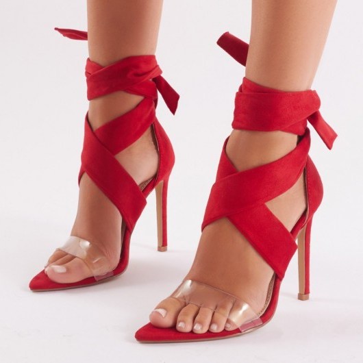 PUBLIC DESIRE HOTSPOT TIE UP HEELS WITH PERSPEX STRAP IN RED SUEDE ~ hot strappy heels - flipped