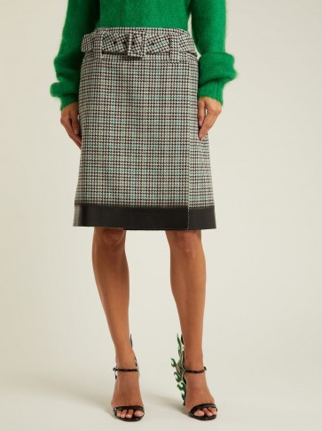 PRADA Houndstooth wool-blend tweed midi skirt with black trim ~ chic wrap style skirts
