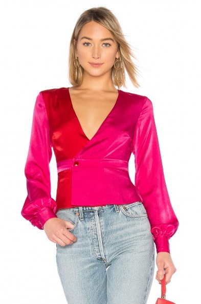 House of Harlow 1960 X REVOLVE BERNADETTE BLOUSE Fuchsia – silky hot pink plunge front top - flipped