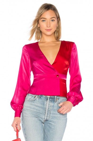 House of Harlow 1960 X REVOLVE BERNADETTE BLOUSE Fuchsia – silky hot pink plunge front top