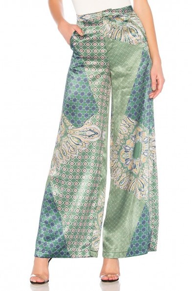 House of Harlow 1960 X REVOLVE DES PANT Moss Green Patchwork – wide leg silky trousers – mixed prints - flipped