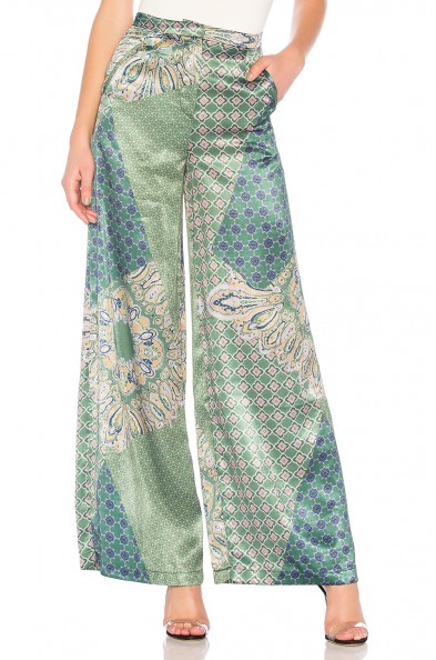 House of Harlow 1960 X REVOLVE DES PANT Moss Green Patchwork – wide leg silky trousers – mixed prints