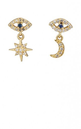 ILEANA MAKRI Mismatched Eye Stud 18k Yellow Gold Earrings / tiny diamond and sapphire drops - flipped