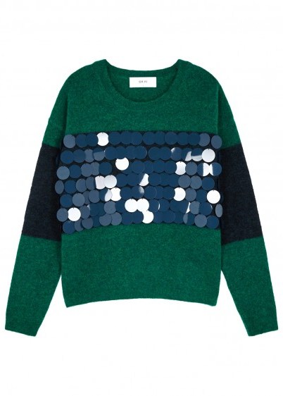 IN.NO Wren green and blue embellished wool-blend jumper / shiny large disc sequins - flipped