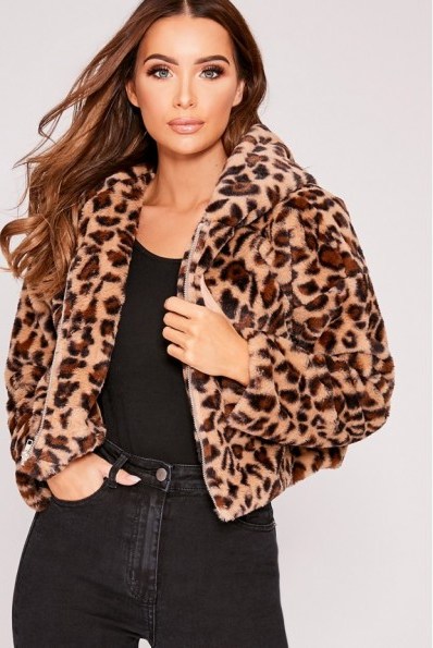 IN THE STYLE IVY LEOPARD FAUX FUR HOODED CROPPED JACKET – luxe style animal print jacket - flipped