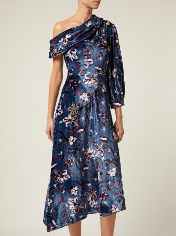 ERDEM Jacobina Tulip Dream-print blue velvet gown ~ one shoulder - flipped