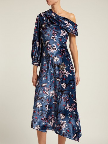 ERDEM Jacobina Tulip Dream-print blue velvet gown ~ one shoulder