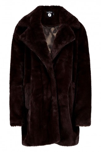 boohoo Jasmine Boutique Oversized Collar Faux Fur Coat Chocolate