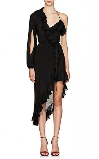 JUAN CARLOS OBANDO Black Cotton-Blend Organdy One-Shoulder Wrap Dress ~ asymmetric lbd - flipped