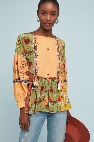Let Me Be Kelly Patchwork Blouse | pretty green floral top