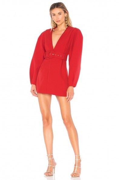 L’Academie THE AMBRE DRESS in Scarlet Red | structured plunge front mini - flipped