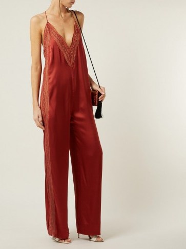 JONATHAN SIMKHAI Lace-trimmed acetate jumpsuit in rust-red - flipped