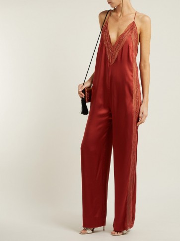 JONATHAN SIMKHAI Lace-trimmed acetate jumpsuit in rust-red