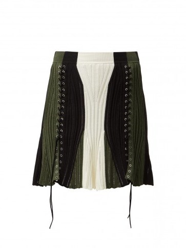 ALEXANDER MCQUEEN Lace-up silk-blend skirt ~ white, black and green panels - flipped