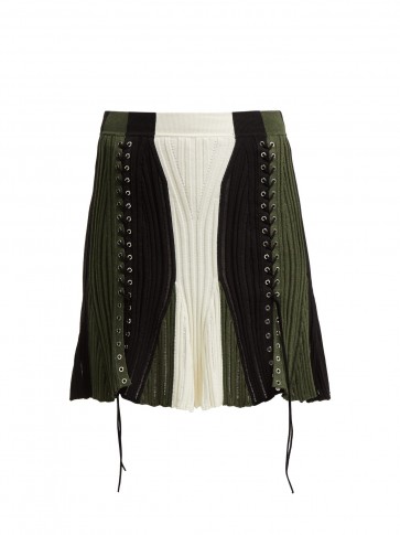 ALEXANDER MCQUEEN Lace-up silk-blend skirt ~ white, black and green panels