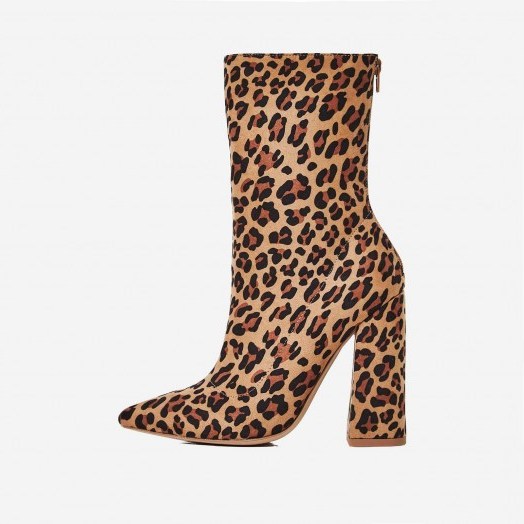 EGO Larsa Block Heel Ankle Boot In Tan Leopard Print Faux Suede - flipped