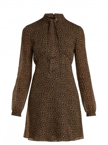 SAINT LAURENT Brown Leopard-print tie-neck wool dress. WILD ANIMAL PRINTS