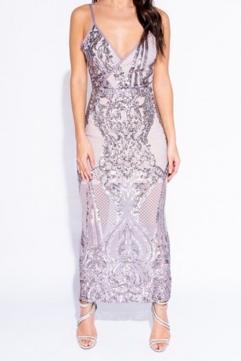 Parisian LILAC SEQUIN FRONT WRAPOVER FRONT MAXI DRESS – long strappy semi-sheer sequinned party dresses - flipped
