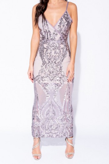 Parisian LILAC SEQUIN FRONT WRAPOVER FRONT MAXI DRESS – long strappy semi-sheer sequinned party dresses