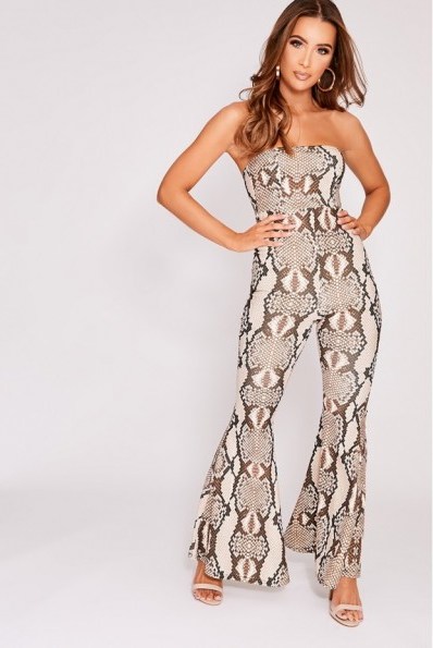 IN THE STYLE LINDSEY BROWN SNAKE PRINT BANDEAU FLARE LEG JUMPSUIT | retro going out fashion - flipped