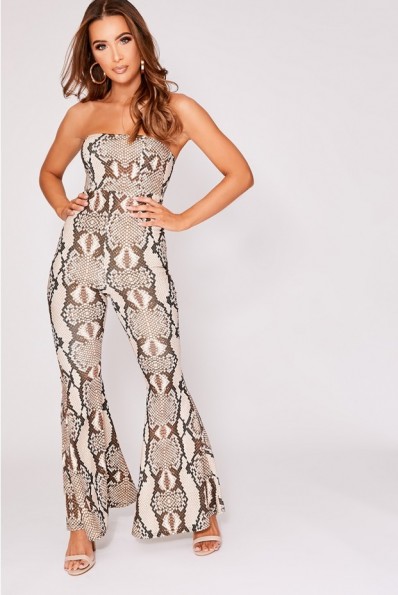 IN THE STYLE LINDSEY BROWN SNAKE PRINT BANDEAU FLARE LEG JUMPSUIT | retro going out fashion
