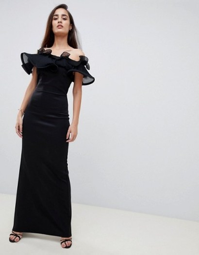 Lipsy exaggerated ruffle bardot maxi dress in black – long off the shoulder party wear - flipped