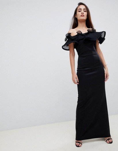 Lipsy exaggerated ruffle bardot maxi dress in black – long off the shoulder party wear