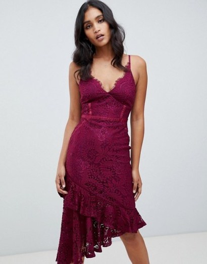 Lipsy lace asymmetric hem cami bodycon dress in purple – plunge front slip - flipped