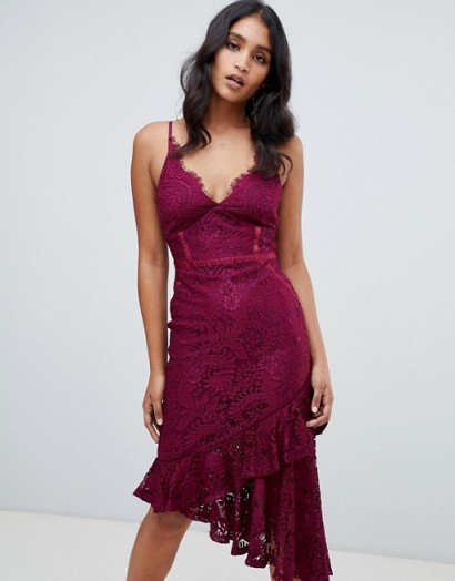 Lipsy lace asymmetric hem cami bodycon dress in purple – plunge front slip