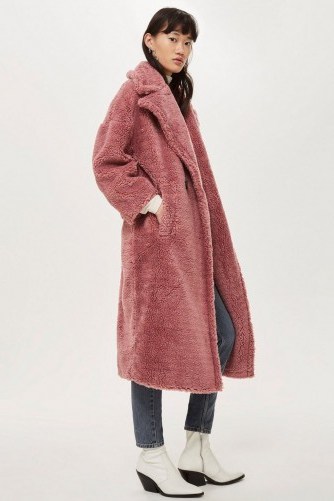 Topshop Long Borg Coat in Rose | pink teddy - flipped