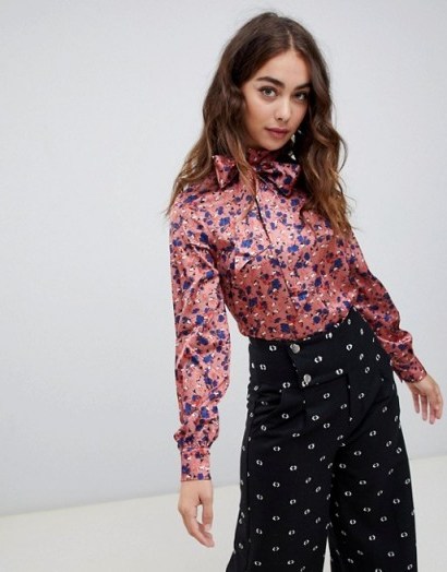 Lost Ink high neck blouse with pussybow tie in ditsy floral print ~ pink pussycat bow shirt - flipped