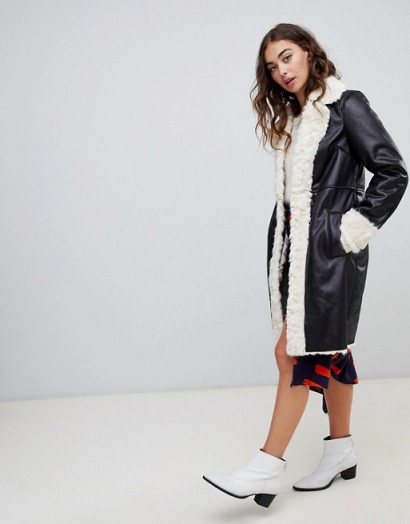 Lost Ink longline jacket with faux shearling trim in black