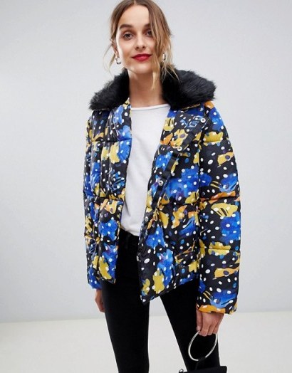 Lost Ink Padded Jacket With Faux Fur Collar In Spot Print Multi | autumn coats - flipped
