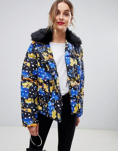Lost Ink Padded Jacket With Faux Fur Collar In Spot Print Multi | autumn coats
