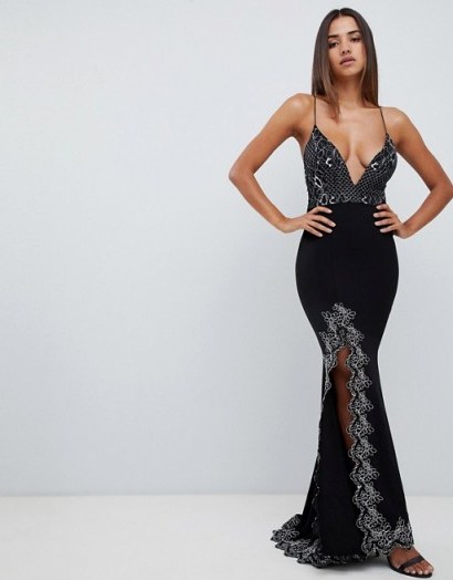 Love Triangle plunge front strappy back maxi dress with contrast lace applique in black / gunmetal - flipped