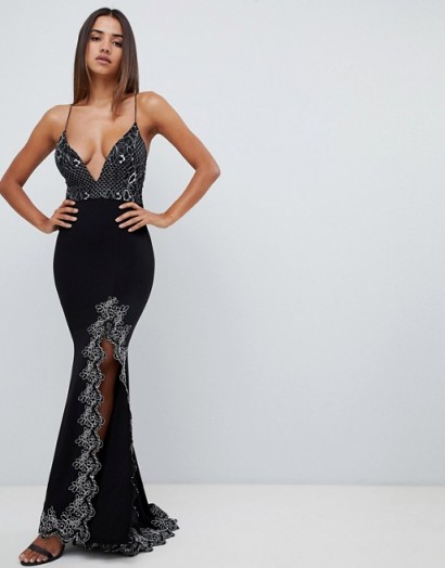 Love Triangle plunge front strappy back maxi dress with contrast lace applique in black / gunmetal