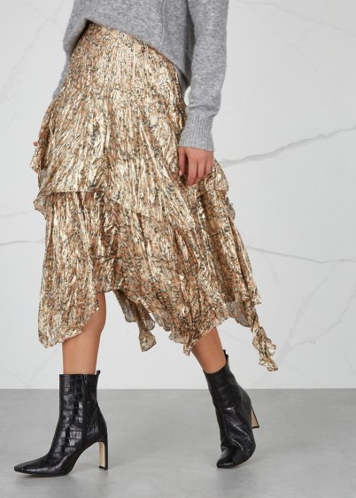 LOVESHACKFANCY Alex printed silk-blend lamé skirt ~ metallic thread clothing ~ boho luxe - flipped