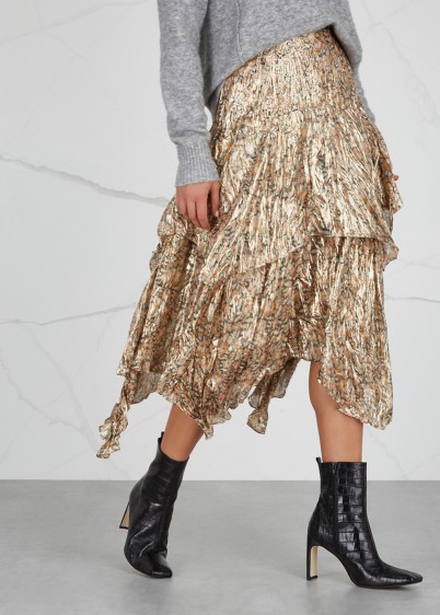 LOVESHACKFANCY Alex printed silk-blend lamé skirt ~ metallic thread clothing ~ boho luxe