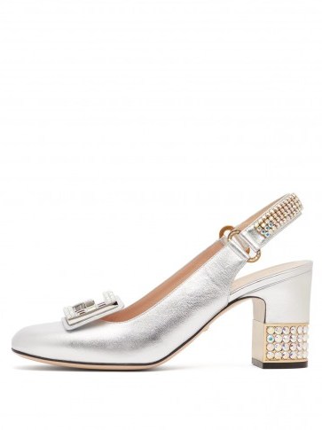 GUCCI Madelyn crystal-embellished metallic-silver leather slingback pumps - flipped