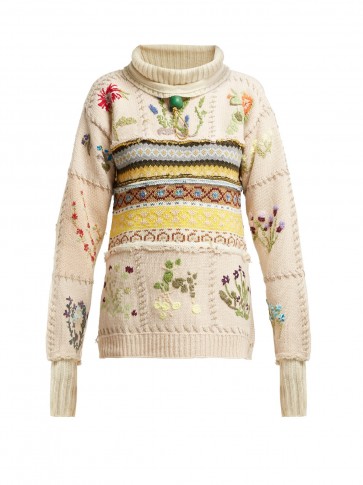 PREEN BY THORNTON BREGAZZI Marion Beige Fair Isle-knitted sweater ~ feminine floral knitwear