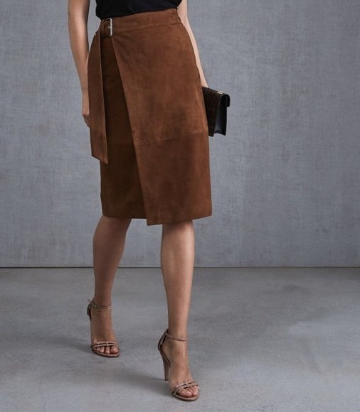MILLY SUEDE MIDI SKIRT BROWN ~ luxe wrap style - flipped