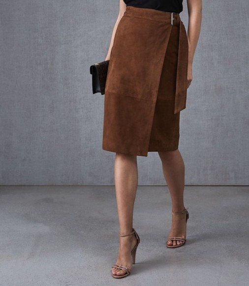 MILLY SUEDE MIDI SKIRT BROWN ~ luxe wrap style
