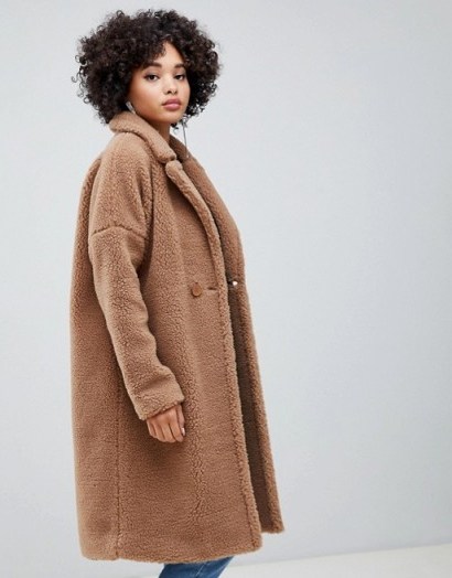 Missguided longline borg coat in brown in caramel / brown faux fur winter coats - flipped