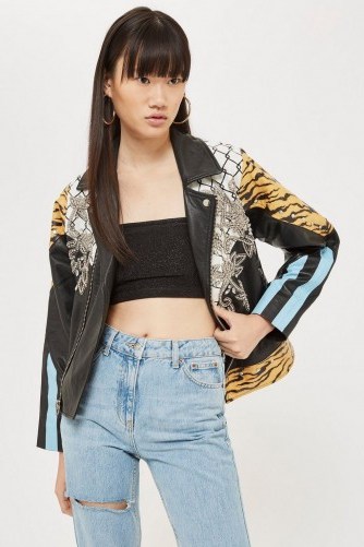 TOPSHOP Mix Print Leather Jacket in Black. MULTI PRINTS - flipped